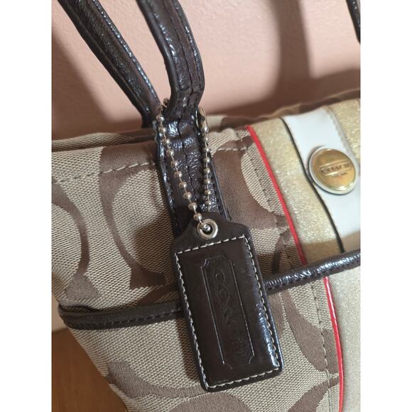 Authentic Coach Monogram Khaki and Vermillion Striped Shoulder Bag Tote Medium - Picture 2 of 13